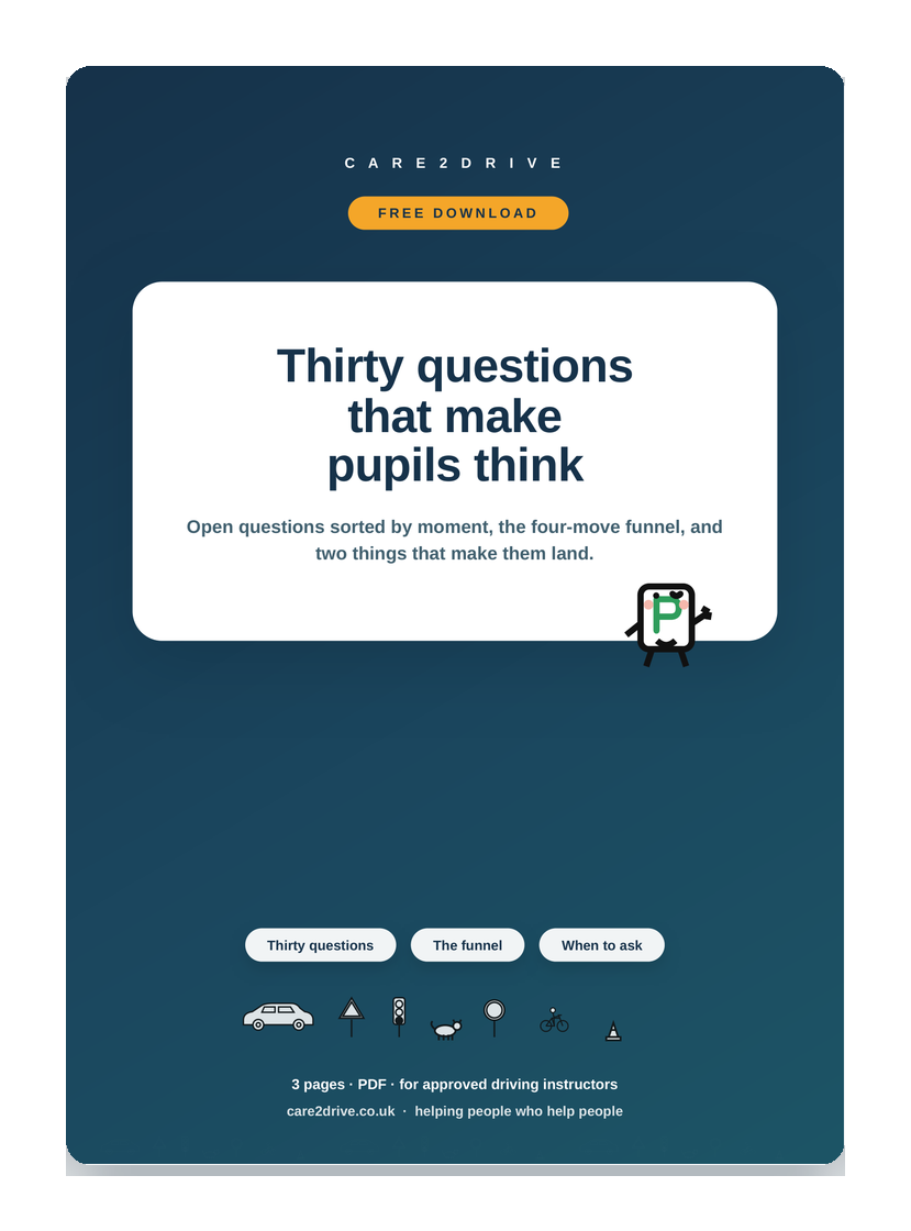 Cover of the free Care2Drive sheet: Thirty questions that make pupils think