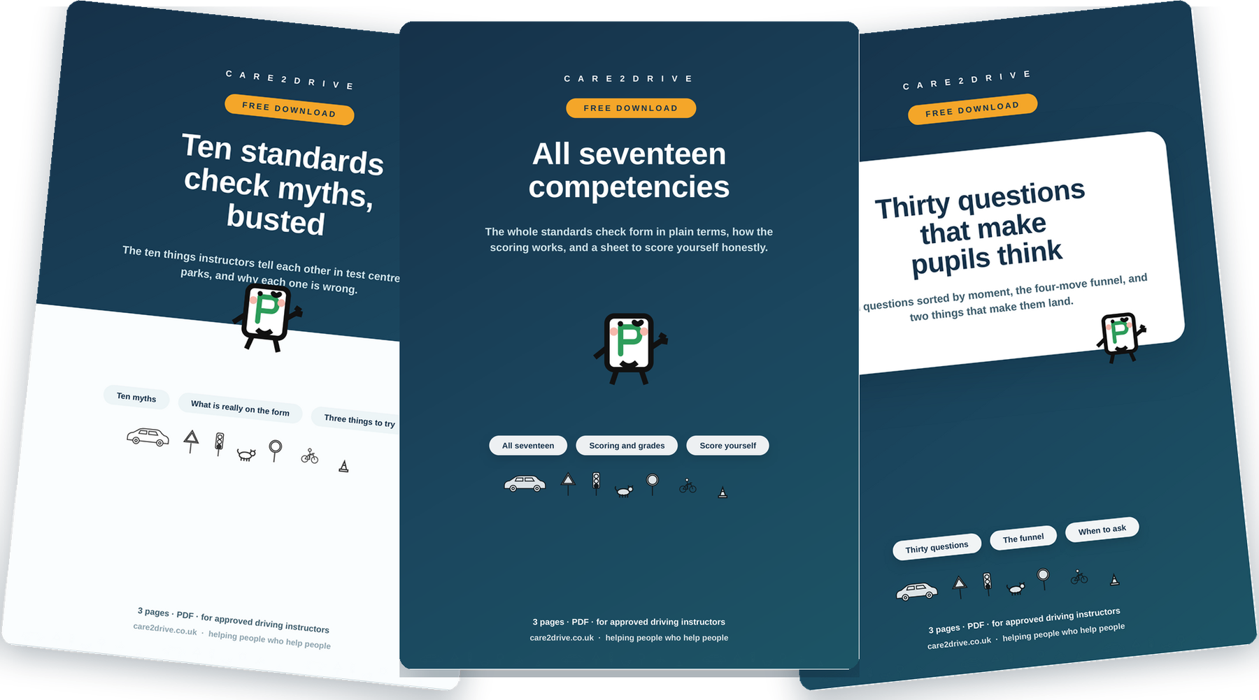 Three free Care2Drive sheets for driving instructors, fanned out
