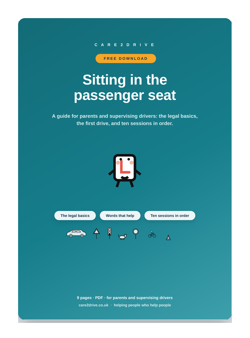 Cover of the free Care2Drive sheet: Sitting in the passenger seat