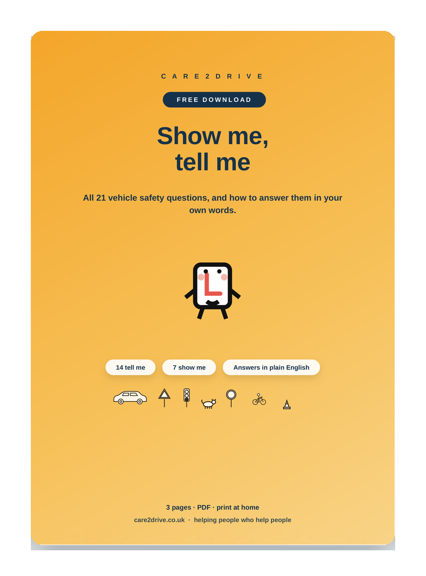Cover of the free Care2Drive sheet: Show me, tell me