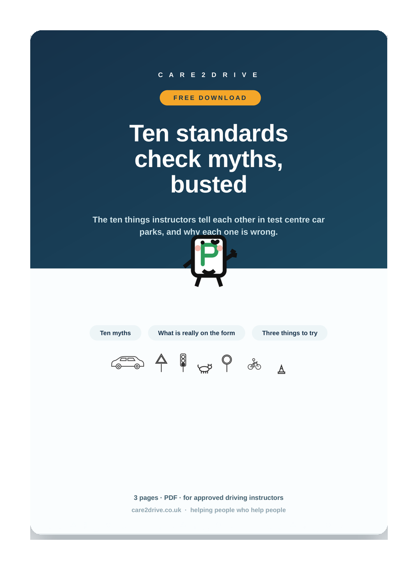 Cover of the free Care2Drive sheet: Ten standards check myths, busted
