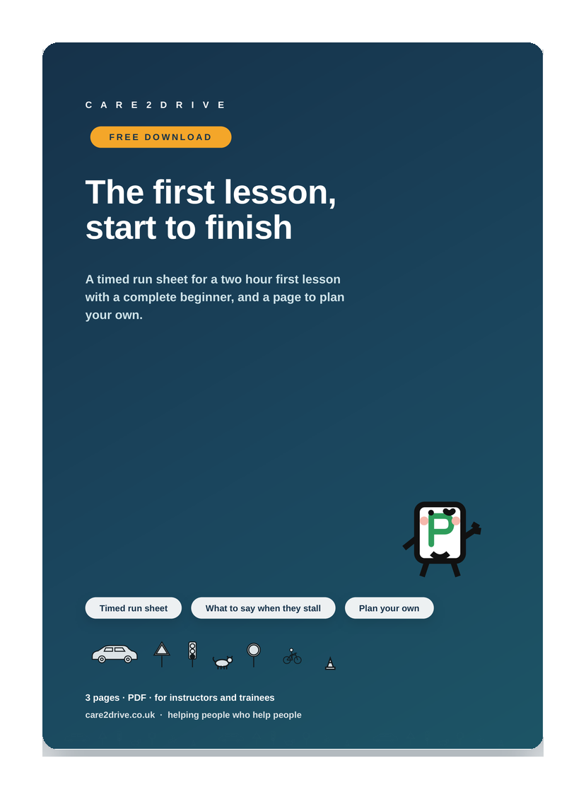 Cover of the free Care2Drive sheet: The first lesson, start to finish