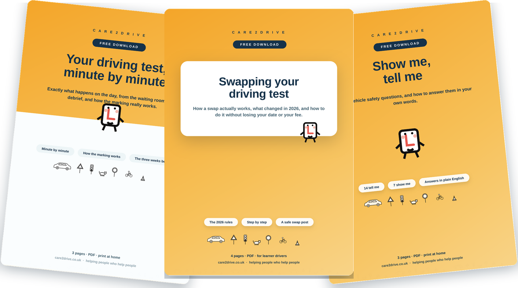 Three free Care2Drive sheets for learner drivers, fanned out