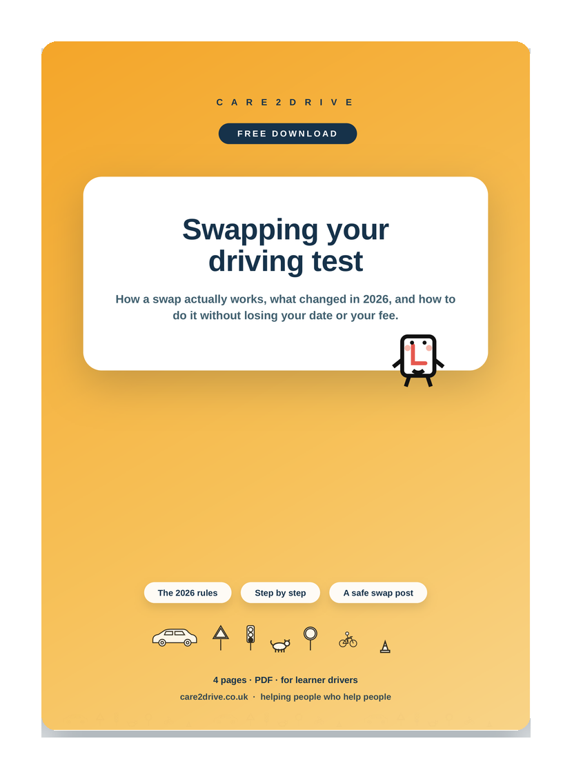Cover of the free Care2Drive sheet: Swapping your driving test