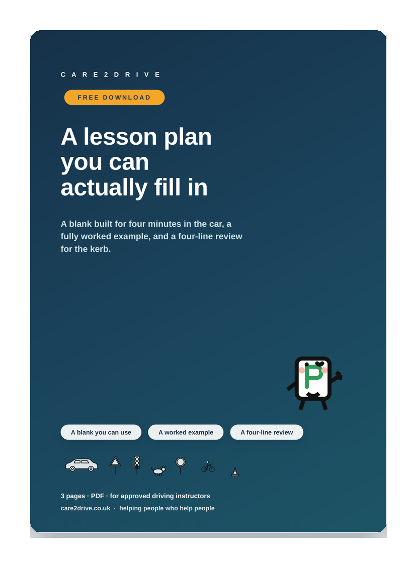 Cover of the free Care2Drive sheet: A lesson plan you can actually fill in