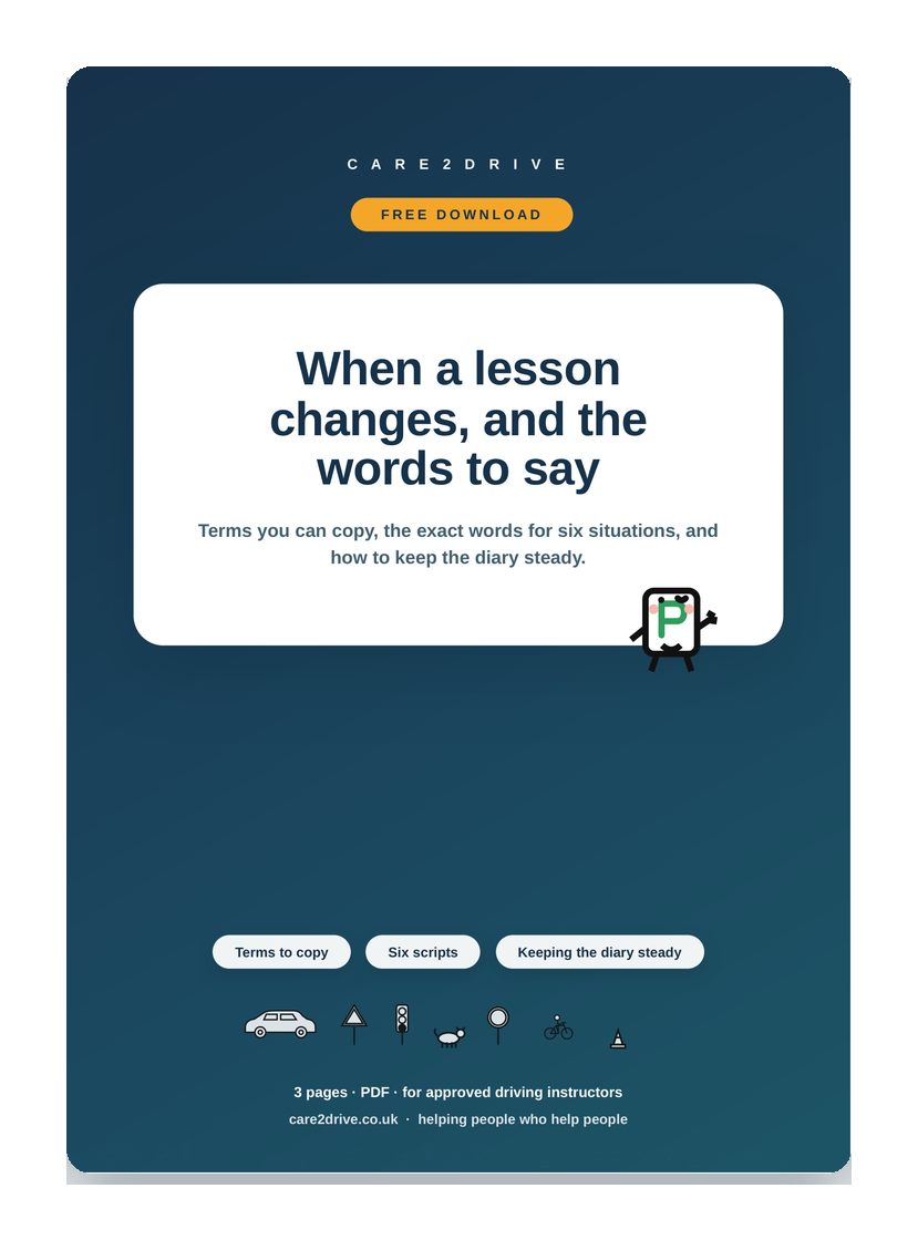 Cover of the free Care2Drive sheet: When a lesson changes, and the words to say