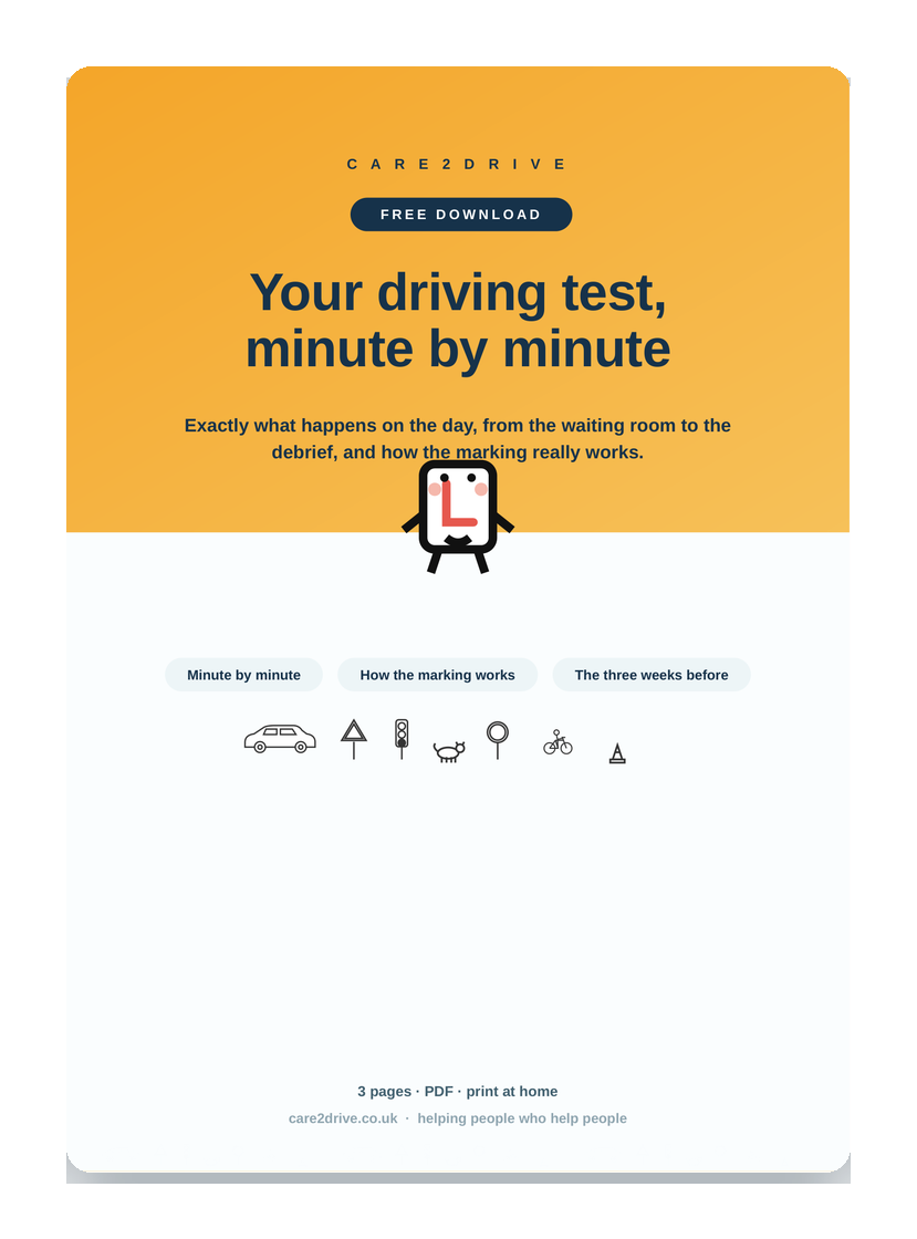 Cover of the free Care2Drive sheet: Your driving test, minute by minute