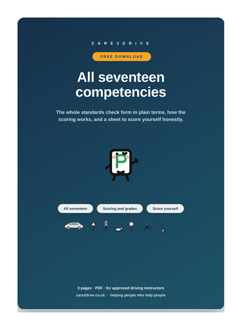Cover of the free Care2Drive sheet: All seventeen competencies