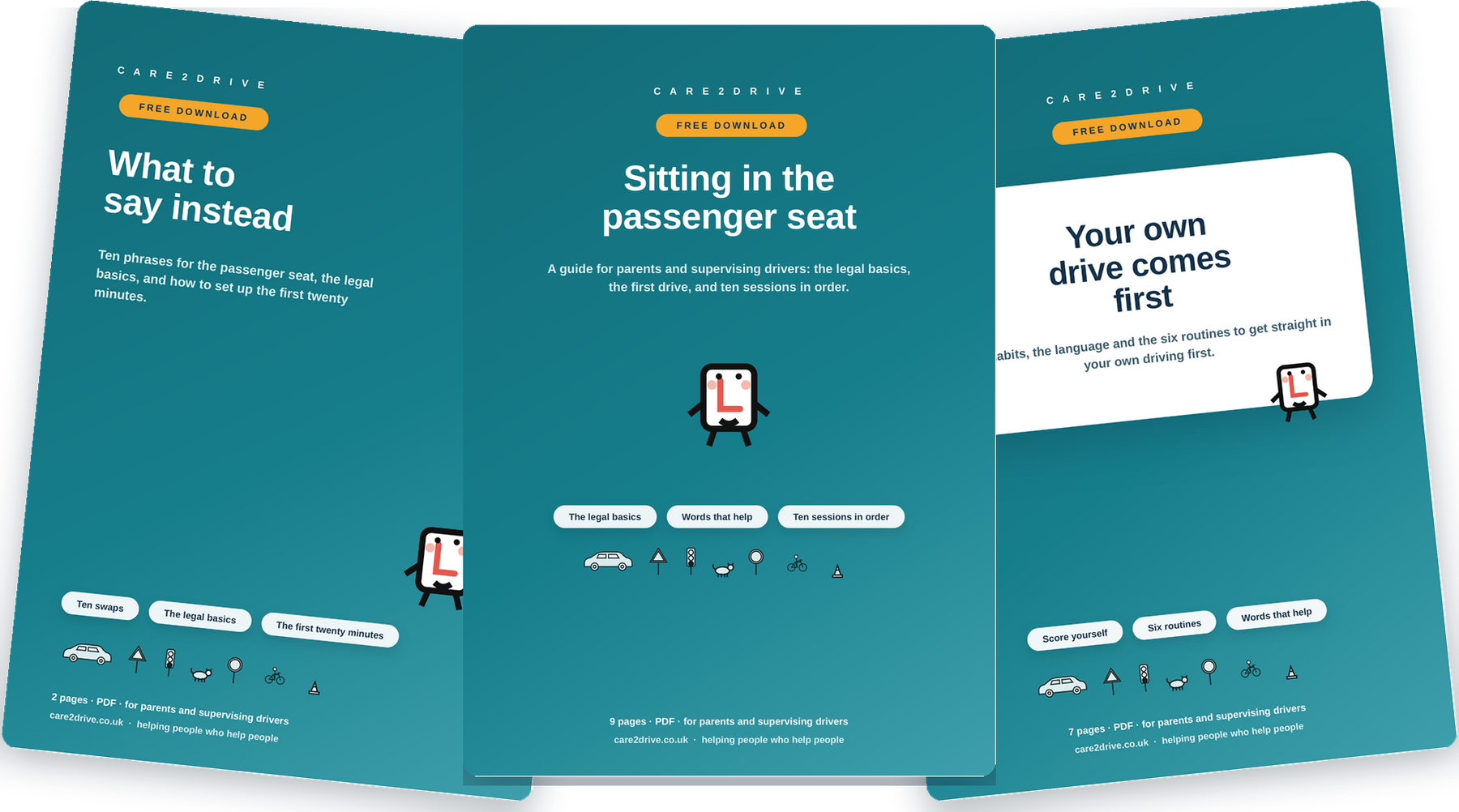 Three free Care2Drive sheets for the passenger seat, fanned out