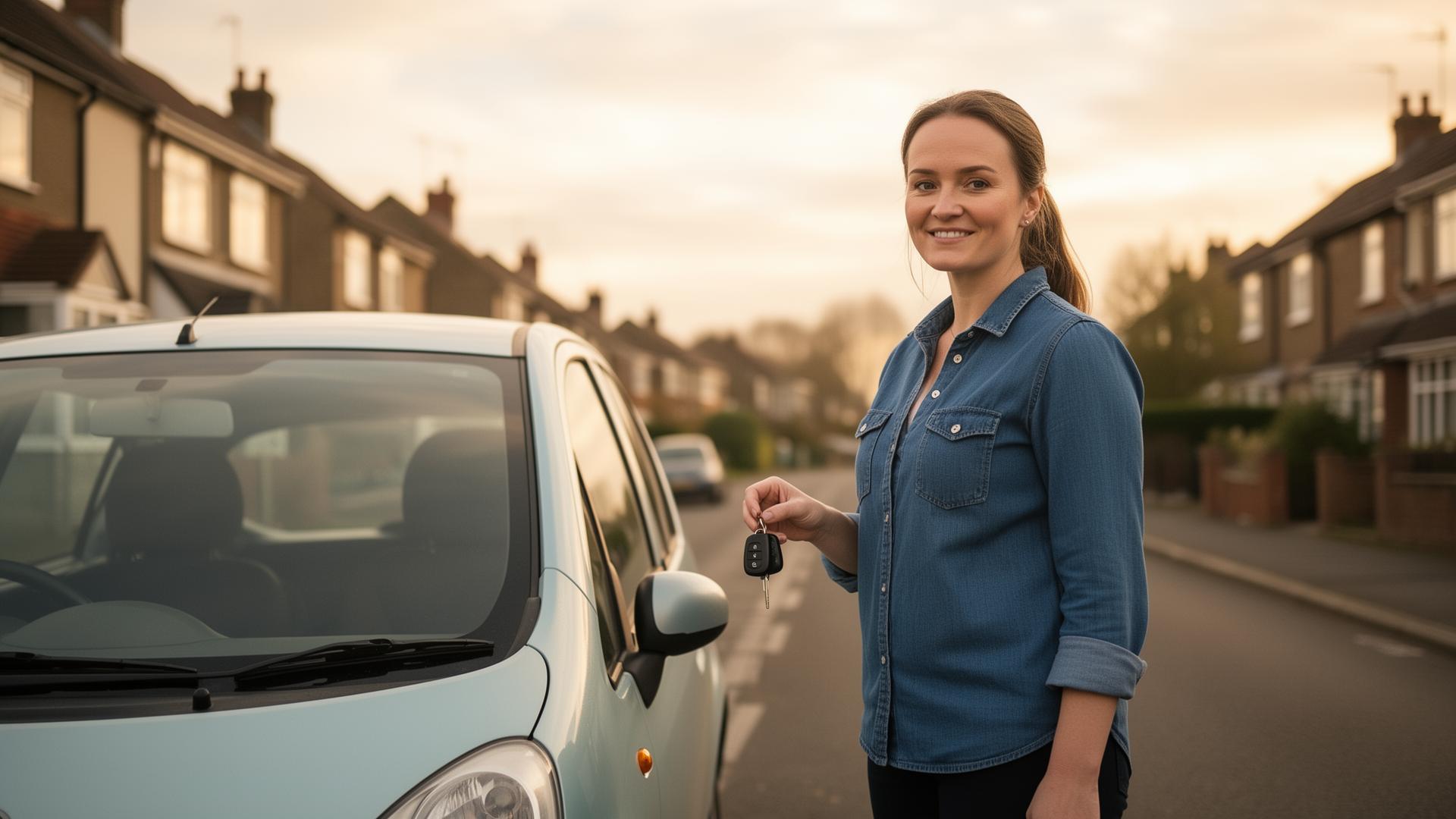 A volunteer carer standing beside a small car on a UK suburban street, holding car keys